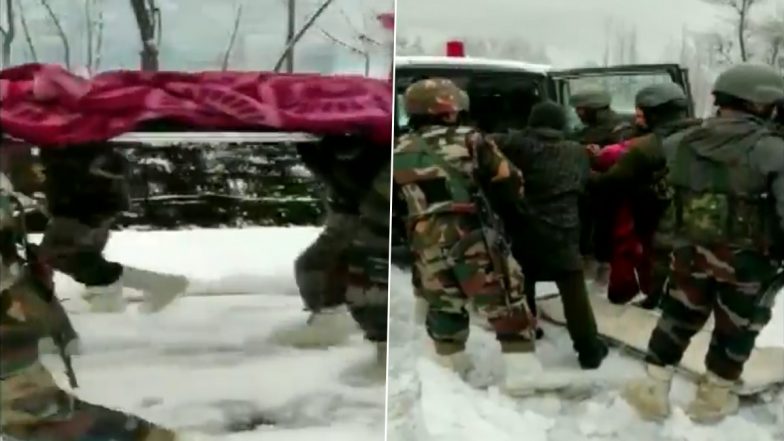 Jammu & Kashmir: Army Personnel Carry Pregnant Woman on Cot Amid Snow Covered Roads in Kupwara District (Watch Video)