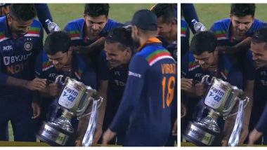 Virat Kohli Hands Over Winner's Trophy to Debutants Ishan Kishan & Suryakumar Yadav After 3-2 Against England, BCCI Shares Video (Watch Video)