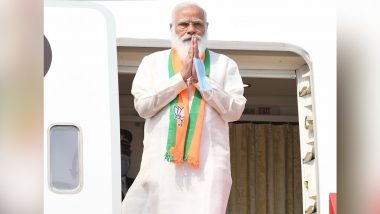 PM Narendra Modi Arrives in Kolkata to Address Public Rally at Brigade Parade Ground Ahead of West Bengal Assembly Elections 2021