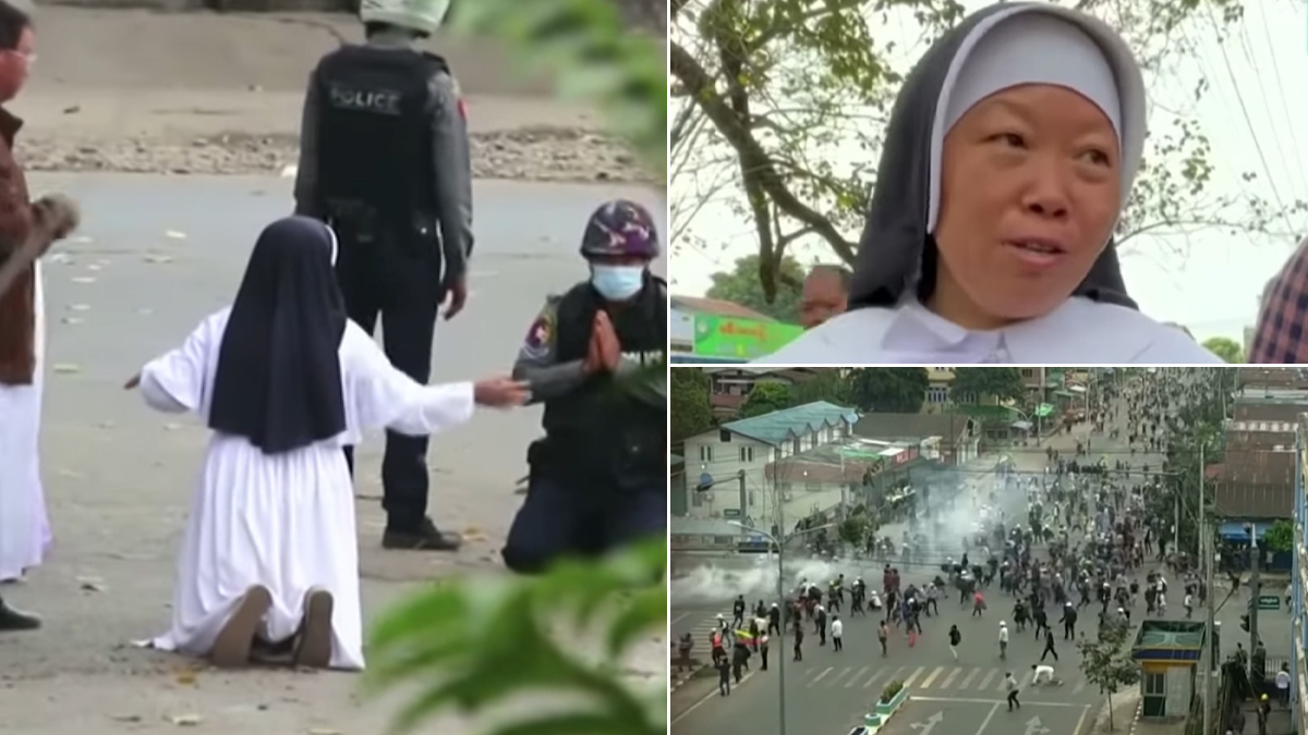 Myanmar Coup: Nun Kneels Down in Front of Military Personnel Asking to Spare Protesters, Says ‘Shoot Me & Kill Me Instead’ (Watch Video)