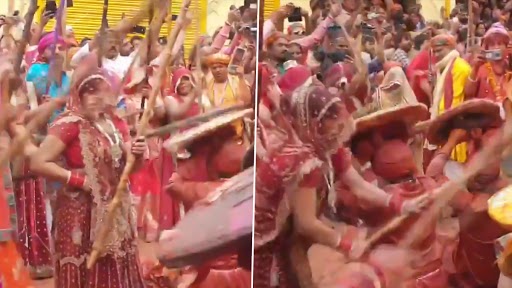 Lathmar Holi 2021: Women Beat Men With Sticks as Part of Lathmar Holi Celebrations in Mathura’s Barsana (See Pics)