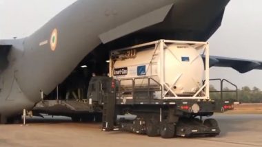 IAF's C17 Aircraft With 4 Cryogenic Containers For Storage of Liquid Oxygen From Singapore Lands at Panagarh Airbase in West Bengal (Video)