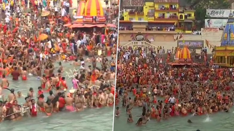 Kumbh 2021: Sadhus Take Holy Dip in Ganga at Har Ki Pauri During Somvati Amavasya Shahi Snan in Haridwar (Watch Video & Pictures)