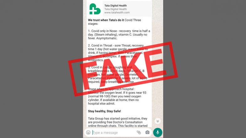 Fake WhatsApp Message About 'COVID-19 Three Stages' Treatment Falsely Linked to Tata Health Surfaces Again This Year; Know The Truth Behind Viral Message