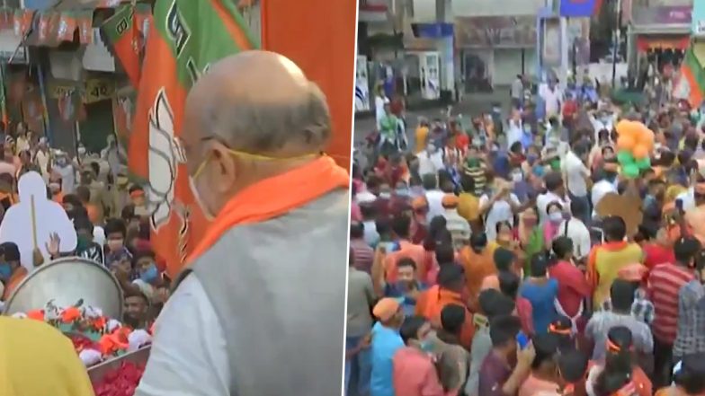 West Bengal Assembly Elections 2021: Amit Shah Holds Roadshow in Habra (Watch Video)