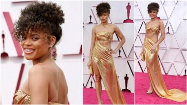 Andra Day Walks Oscars 2021 Red Carpet in Sultry Custom Vera Wang Gold Gown (View Pics)