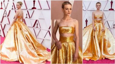 Carey Mulligan Looks Dreamy in Gold Sequin Two-Piece Valentino Haute Couture Gown at Oscars 2021