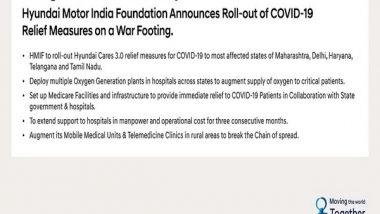 Business News | Hyundai Motor India Foundation Announces Roll-out of COVID-19 Relief Measures on a War Footing