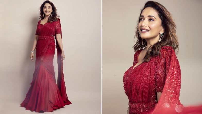 Madhuri Dixit in a Classic Pre Draped Shimmery Red Saree is a Sight To Behold (View Pics)