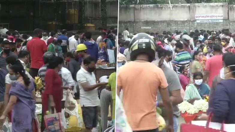 COVID-19 in Karnataka: Ahead of Lockdown, People Throng APMC Market in Shivamogga to Purchase Vegetables (See Pics)