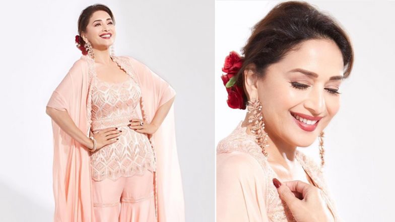 Madhuri Dixit Exudes Glam And Elegance In Her Traditional Peach Sharara Dress
