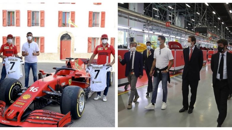 Cristiano Ronaldo Poses for Snap With Charles Leclerc & Carlos Sainz After Skipping Juventus Practice Session, Gives Ferrari Racers His Autographed Jersey (See Pics)