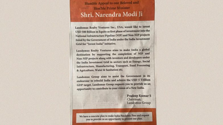 US Firm Landomus Realty Offers PM Narendra Modi a $500 Billion Investment To Help Achieve India's $ 5 Trillion GDP Through Newspaper Ad; Confused Netizens Share Funny Tweets