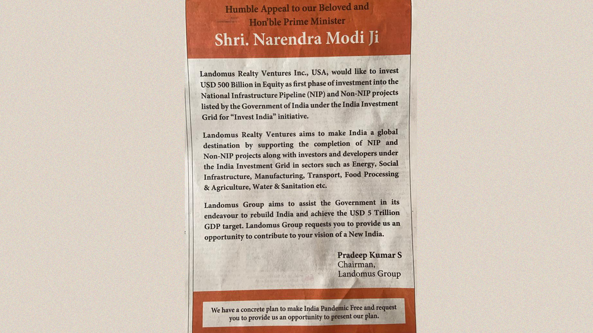 US Firm Landomus Realty Offers PM Narendra Modi a 0 Billion Investment To Help Achieve India’s $ 5 Trillion GDP Through Newspaper Ad; Confused Netizens Share Funny Tweets