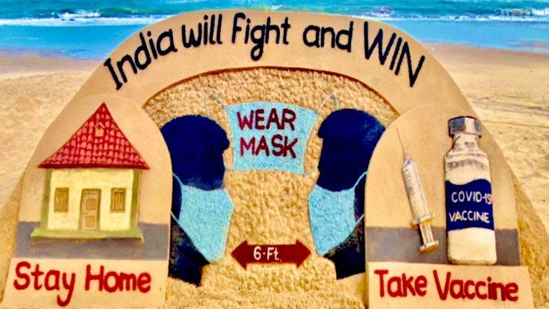 COVID Vaccine Sand Art Created By Sudarsan Pattnaik Shares Inspiring Message, 'India Will Fight and Win', Urging People to Vaccinate, Wear Masks and Practice Social Distancing