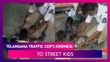 Telangana Traffic Cop's Kindness To Street Kids, Offers His Lunch To Homeless Kids; Video Goes Viral