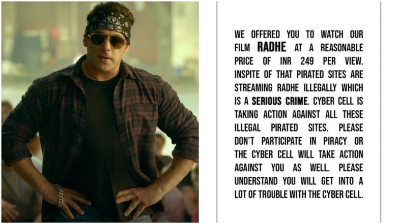 Radhe: Salman Khan Reminds Fans Watching Movie Illegally Is a Serious Crime; Says Cyber-Cell Is Taking Down Illegal Piracy Sites