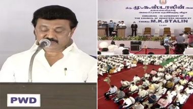 MK Stalin Takes Oath as Chief Minister of Tamil Nadu, DMK Chief Administered Oath by Governor Banwarilal Purohit (See Pics)