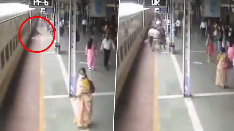 RPF Personnel Saves Elderly Man From Getting Crushed Under Moving Express Train at Dadar Station in Mumbai, Watch Video