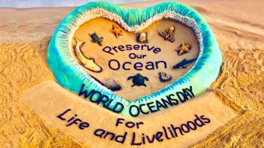 World Oceans Day 2021-Themed Sand Art! Sudarsan Pattnaik Makes Stunning ‘Preserve Our Ocean, Life and Livelihoods’ Sculpture to Raise Awareness