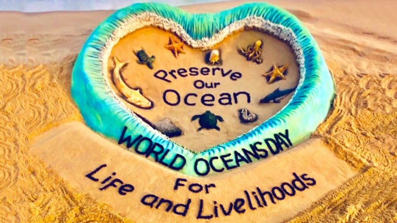 World Oceans Day 2021-Themed Sand Art! Sudarsan Pattnaik Makes Stunning ‘Preserve Our Ocean, Life and Livelihoods’ Sculpture to Raise Awareness
