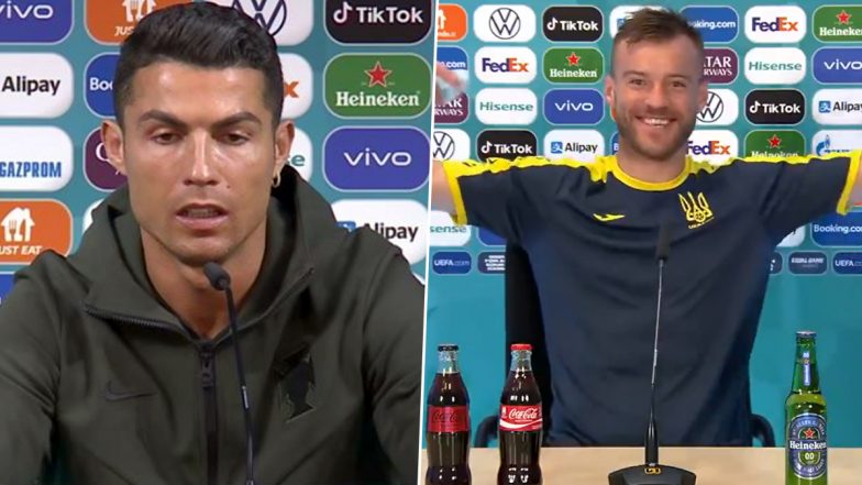 Andriy Yarmolenko Pokes Fun At Cristiano Ronaldo By Showing Off Coca-Cola and Heineken Bottles (Watch Video)