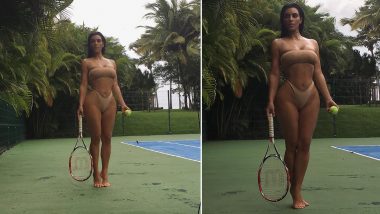Tennis Apparel, What? Kim Kardashian Dons Sexy Nude Bikini and Is Ready to Serve With Racquet and Ball in Hand (View Hot Pics)