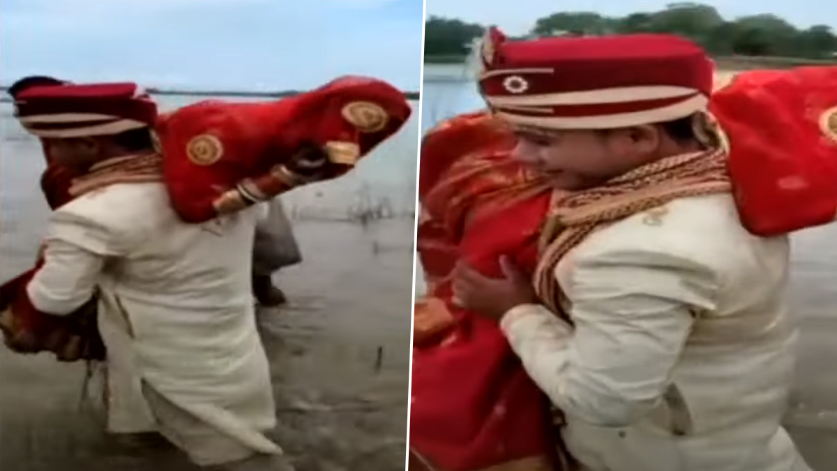 Bihar: Groom Lifts Bride on Shoulder to Cross Area Filled With Water at Kankai Ghat in Kishanganj; Video Goes Viral