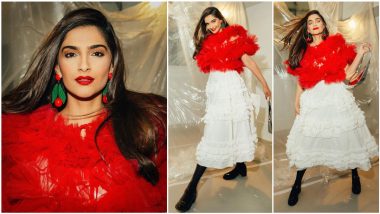 Sonam Kapoor Mesmerises Everyone in Red and White Ruffle Tulle Outfit Ahead of Her 36th Birthday (View Pics)