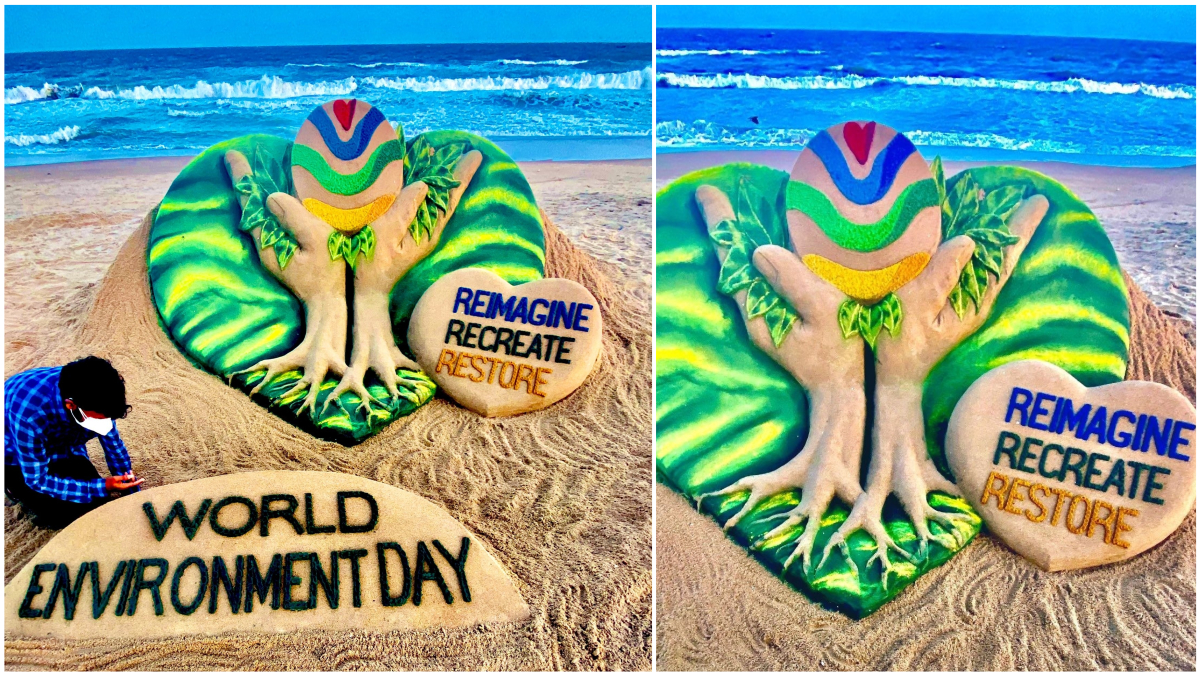 World Environment Day 2021: Artist Sudarsan Pattnaik Marks Vishwa Paryavaran Diwas With WED-Themed Sand Art On Puri Beach