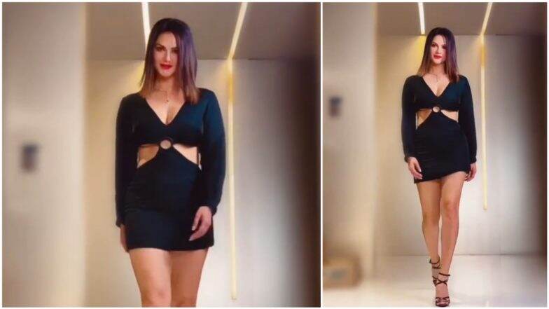 Sunny Leone Catwalks in Gorgeous Cutout LBD With Plunging Neckline and Bold Red Lips (Watch Video)