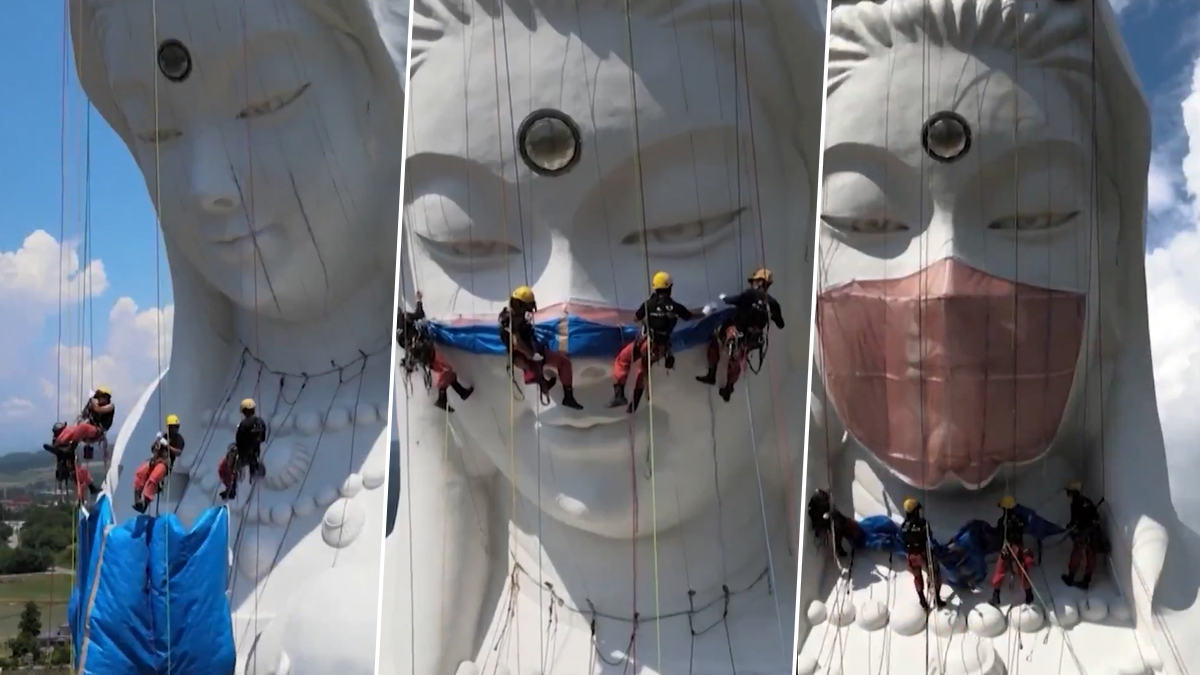 Japan: Giant Buddhist Goddess Statue Covered With Massive Custom-Made ‘Face Mask’ Weighing 77 LBS To Pray For The End Of COVID-19 Pandemic (Video)