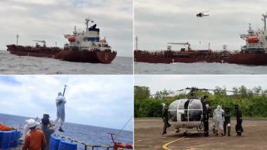 Indian Coast Guard Airlifts Merchant Ship Captain In Goa Due To Medical Emergency Amidst Gusting Winds (Watch Video)