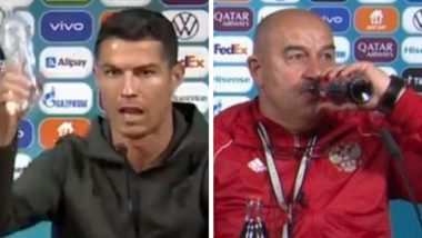 Russian Football Coach Stanislav Cherchesov Takes a Cheeky Jibe At Cristiano Ronaldo, Sips Coca-Cola After Russia’s Win Over Finland in Euro 2020 (Watch Video)