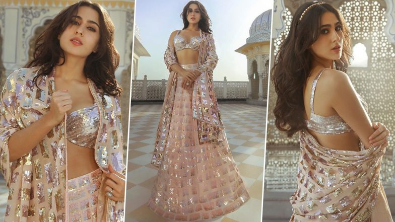 Sara Ali Khan Exudes Elegance in Manish Malhotra’s Gorgeous Sequinned Peach-Hued Lehenga; See PHOTOS