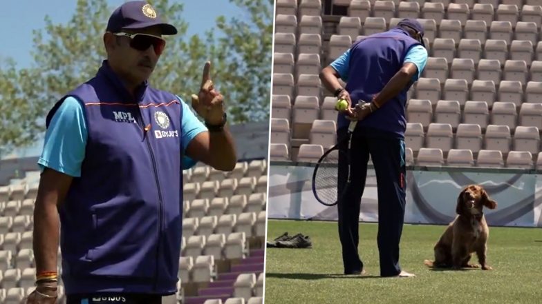 Ravi Shastri Plays Catch With New 'Buddy' Winston During Team India's Practice Session Ahead Of WTC Final 2021 (Watch Video)