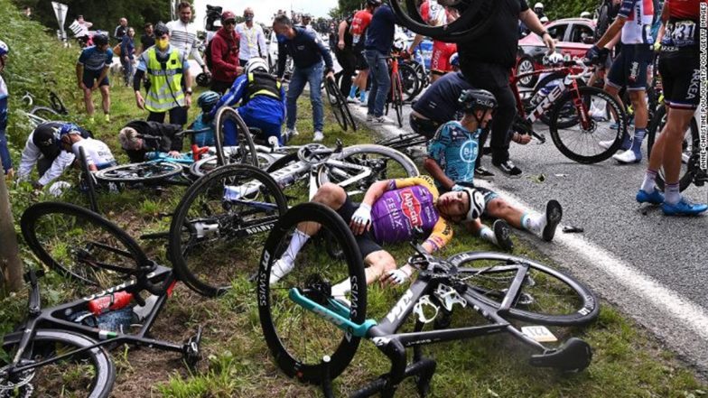 Tour de France 2021: Spectator Causes Massive Crash During Stage 1 Race, Police Launches Investigation (Watch Video)