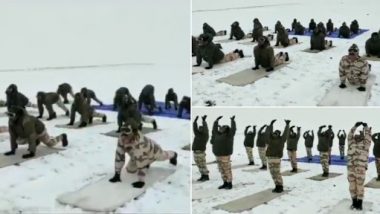 International Yoga Day 2021: ITBP Personnel, Deployed at India-China Border, Perform Yoga at Icy Height of 18,000 Feet in Ladakh (Watch Video)