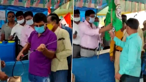 Trinamool Congress Leaders in Birbhum Seen Spraying Sanitiser on Workers Who Joined TMC From BJP as Part of ‘Purification’ Ritual (Watch Video)