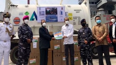 World News | INS Airavat Reaches Indonesia with 300 Oxygen Concentrators, 100 MT of LMO