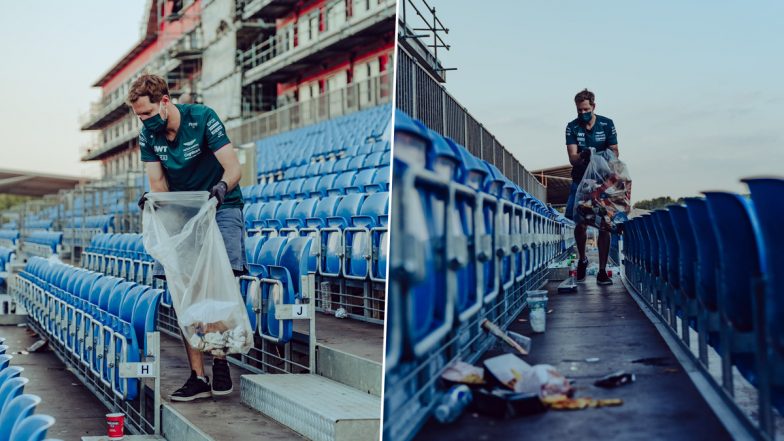 F1: Sebastian Vettel Helps Clean Stands At Silverstone Following British Grand Prix