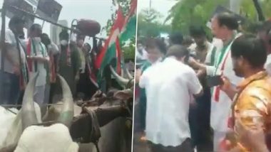 Maharashtra: Bullock Cart Collapses During Mumbai Congress’ Protest Against Fuel Price Hike, BJP Guffaws (Watch Video)
