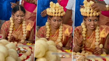 South Indian Bride Wears Golgappa Crown And Garland on Wedding Day; Adds a Chaat-y Twist On Traditional Wedding Attire (Watch Video)