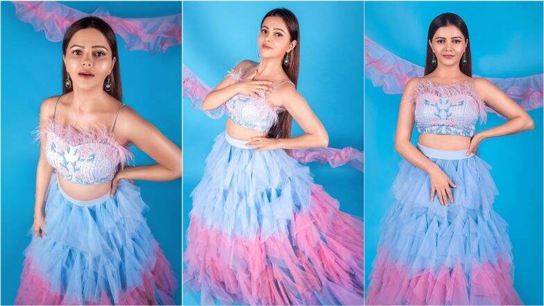 Rubina Dilaik Channelises Her Inner Princess in Pink-Sky Blue Top and Ruffle Skirt Co-Ord Set (View Pics)