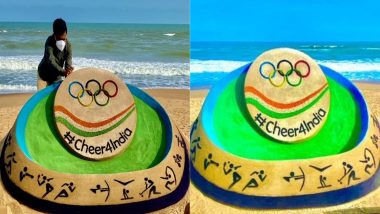 Tokyo Olympics 2020: Sudarsan Pattnaik Sculpts #Cheer4India Sand Art at Puri Beach To Support Indian Athletes at Summer Games (View Pics)