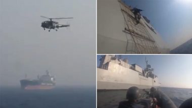 Operation Sankalp: INS Tarkash, Indian Navy Warship, Carries Out Drills To Ensure Safe Passage of Merchant Vessels Through Persian Gulf (Watch Video)