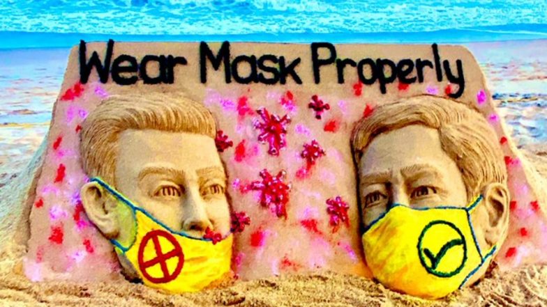 ‘Wear Mask Properly’: Sudarsan Pattnaik Creates Sand Art to Spread Awareness About Importance of Face Masks Amid COVID-19 Pandemic