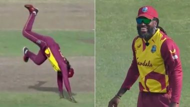 Chris Gayle’s Cartwheel Wicket Celebration Goes Viral After He Dismisses Reeza Hendricks During WI vs SA 4th T20I 2021 (Watch Video)