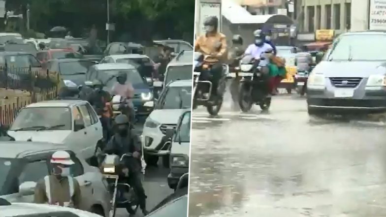 Telangana: Continous Heavy Rainfall in Hyderabad Causes Traffic Snarls and Waterlogging (Watch Video)