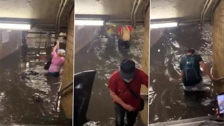 Watch: Woman Climbs Down The Stairs of Flooded Subway Station and Wades Through Water In New York City